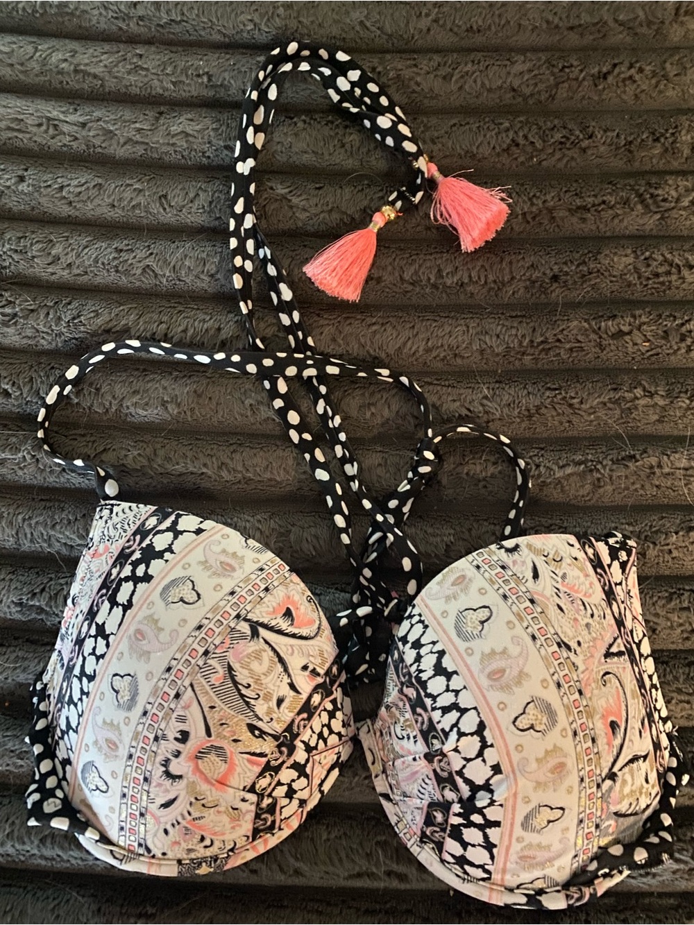 Victoria's Secret Black and White Polka Dot Bikini Top with Pink Tassels